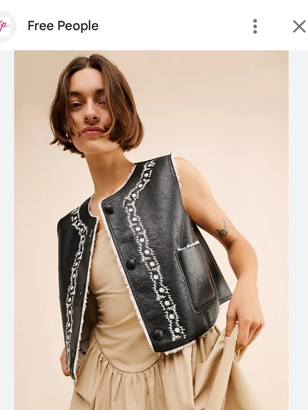Free People Reversible Leather Vest with White Embroidered Trim